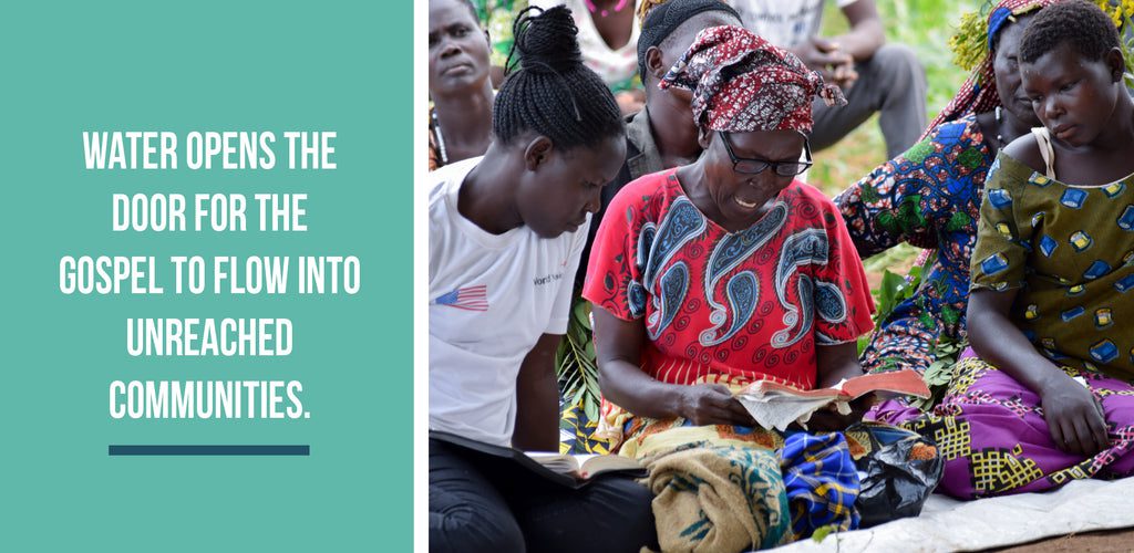 A group of women and children sit outdoors reading books, with a quote beside them that says, Water opens the door for the gospel to flow into unreached communities.