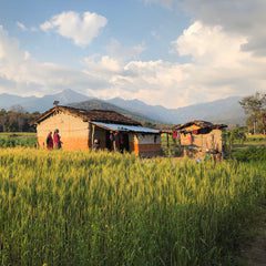 A small, rustic house with a tin roof sits in a lush green field, surrounded by mountains under a partly cloudy sky. A few people stand near the house, and the scene is peaceful and rural.