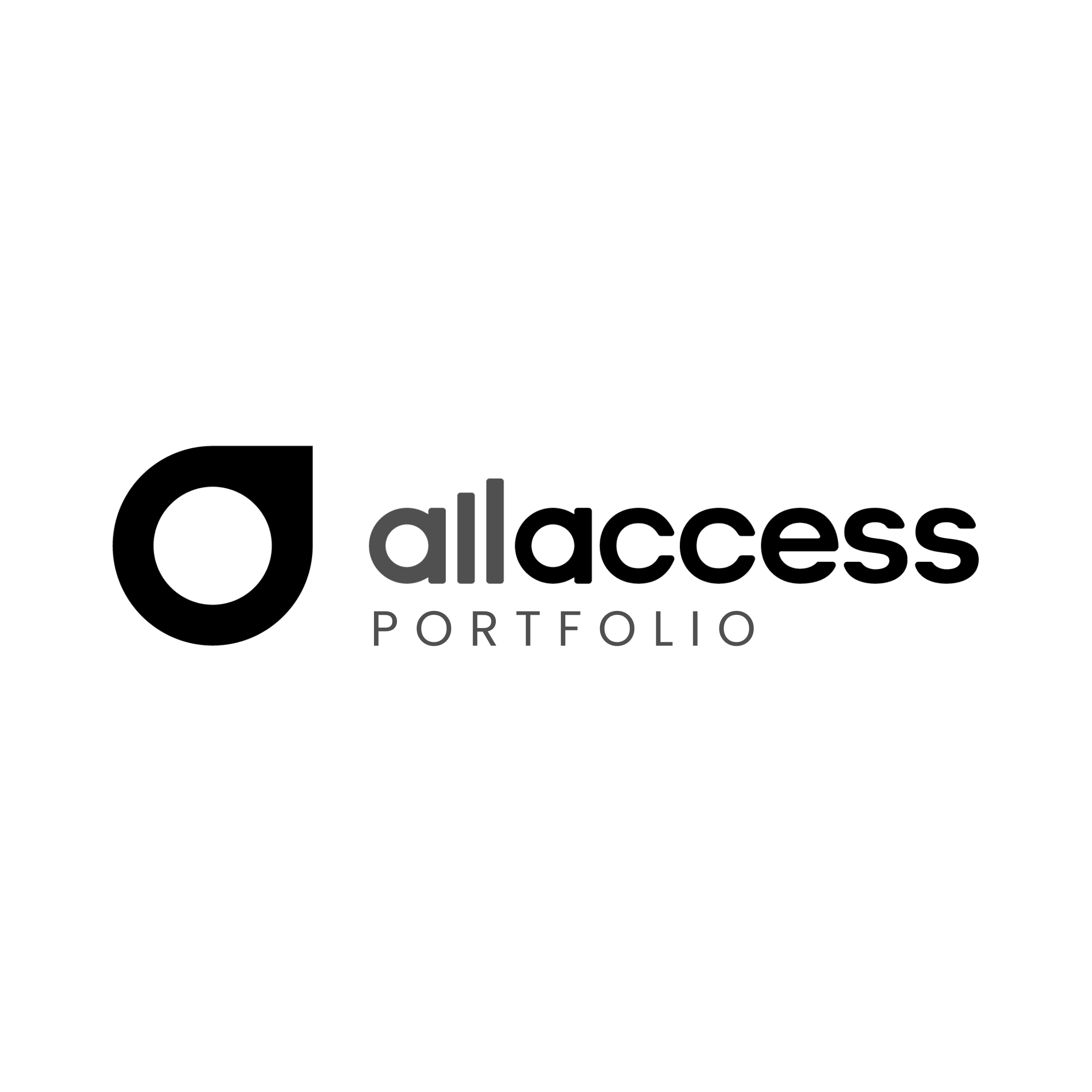Logo featuring a stylized icon and the words allaccess PORTFOLIO in two lines, with all in bold and lighter color, and access and PORTFOLIO in a darker shade against a black background.
