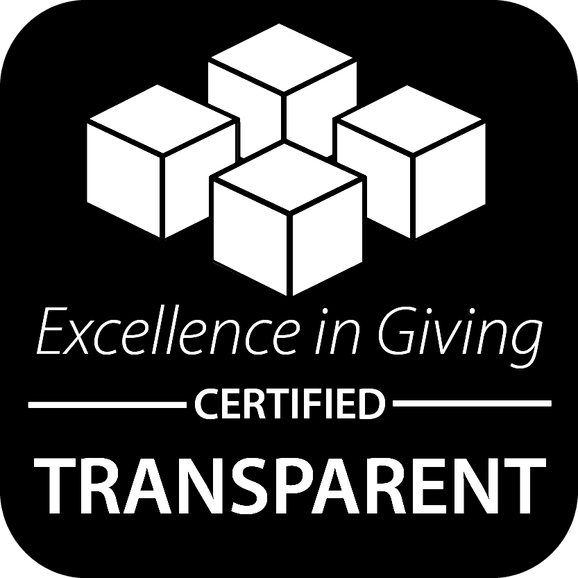 A black square badge with four white cubes above the words Excellence in Giving CERTIFIED TRANSPARENT in white text, indicating a certification for transparency.