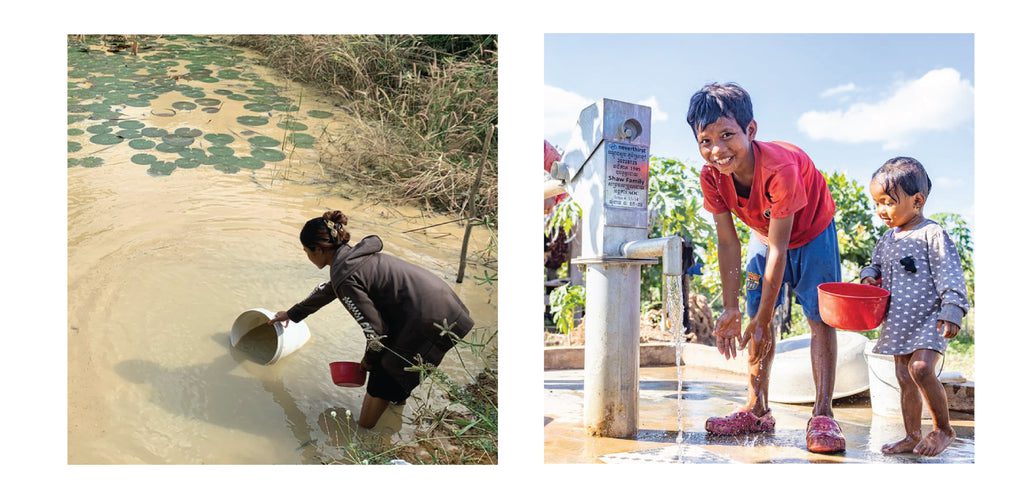 On the left, a person collects muddy water from a pond. On the right, two children use a hand pump to access clean water, smiling and washing hands under a blue sky.