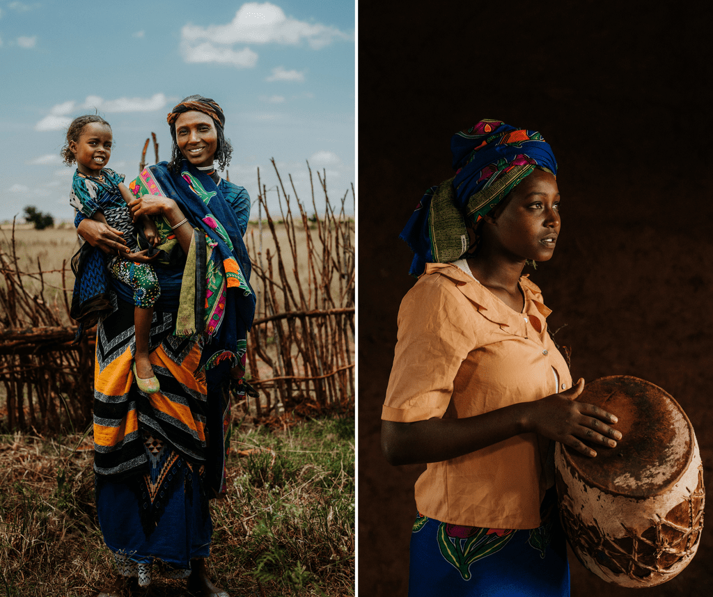 Left: A smiling woman in colorful clothing holds a young child outdoors near a rustic fence. Right: A woman in vibrant attire and headscarf stands indoors, holding a large drum and looking to the side.