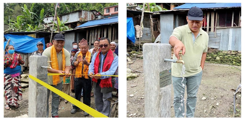 A group of people celebrates as a man cuts a yellow ribbon by a water tap; in the second image, the same man opens the tap, with water flowing, in a rural setting with houses behind.