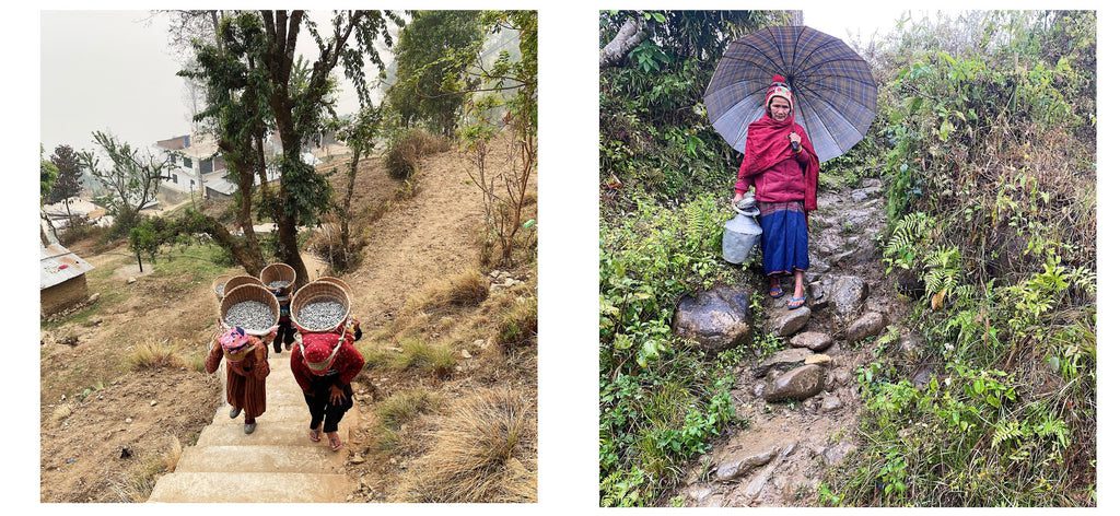 Left: Two women walk uphill on stone steps carrying baskets of gravel on their backs. Right: A woman in red stands on a rocky, green path holding an umbrella and a metal container.