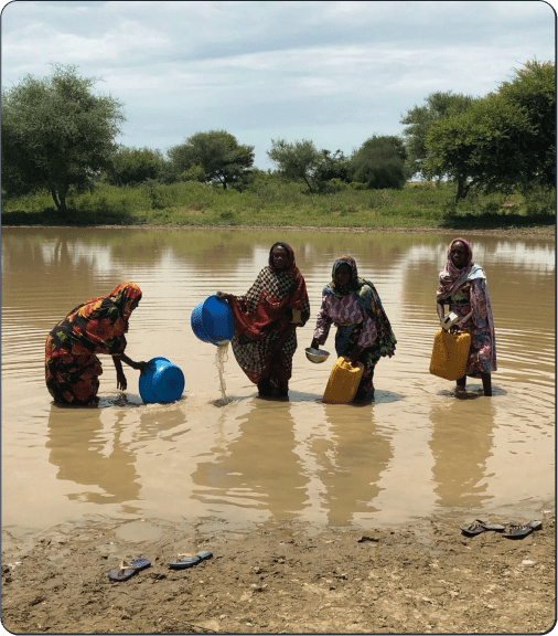 Four women in colorful clothing stand in shallow, muddy water, filling plastic containers. Trees and grass are visible in the background, and sandals are placed on the ground near the water’s edge.