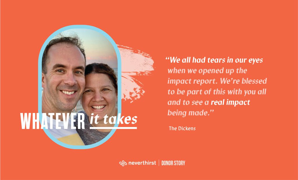 A smiling couple stands close together on the left. To the right, an orange background features a quote about seeing real impact from a donor report, attributed to “The Dickens,” alongside the text Whatever it takes.