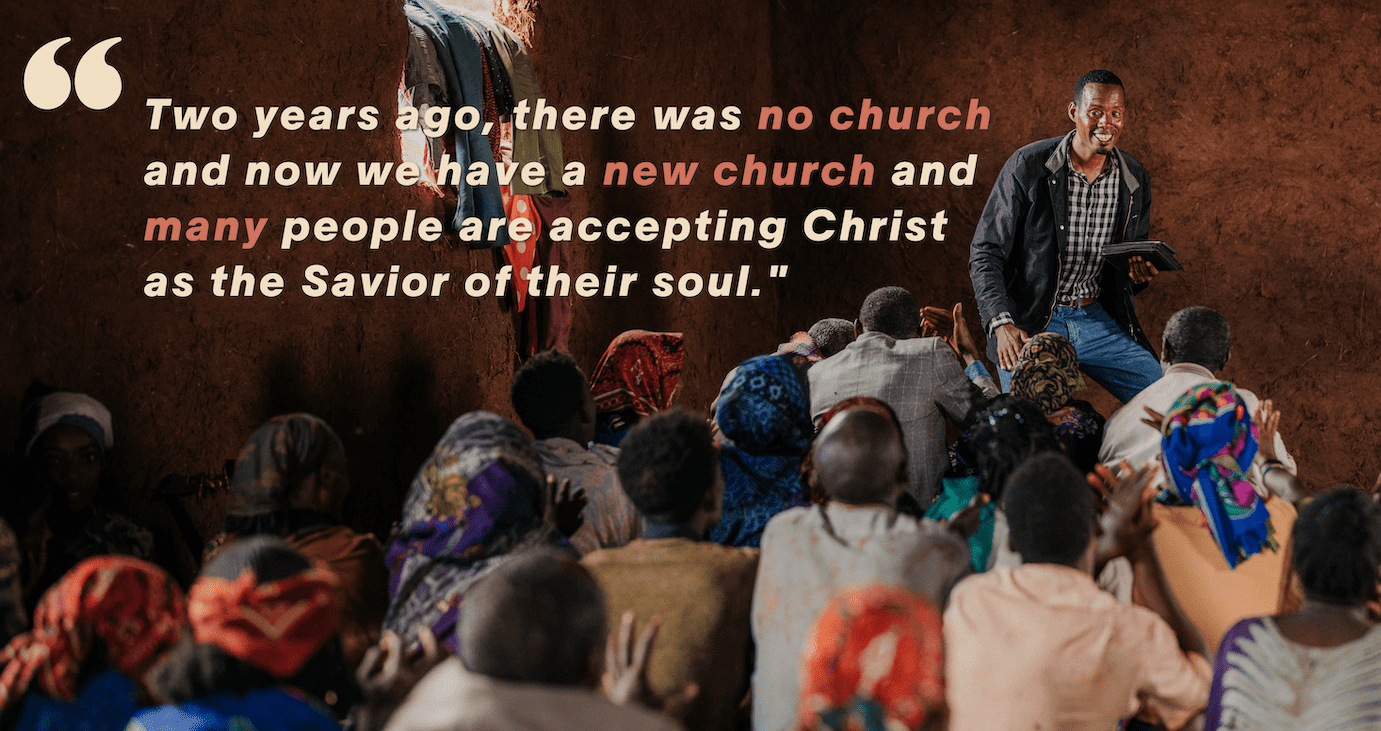 A man speaks to a seated group of people inside a rustic building. A quote about the growth of a church and people accepting Christ is overlaid on the left side of the image.