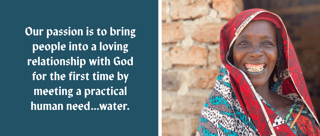 A smiling woman in a colorful headscarf stands in front of a brick wall. Beside her, text reads: Our passion is to bring people into a loving relationship with God for the first time by meeting a practical human need...water.