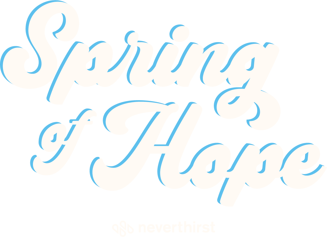 Text in large, cursive letters reads Spring of Hope with a subtle blue shadow. Beneath, neverthirst appears in small, lowercase letters with a water droplet logo. The background is light gray.